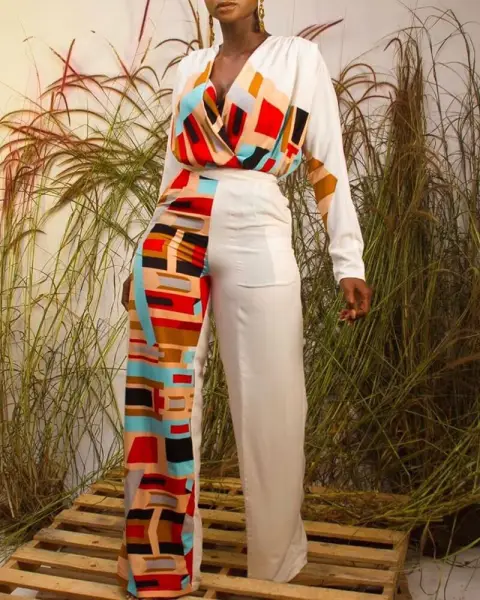 Women's One-piece Fashion Print Stitching High Waist Skinny Wide
