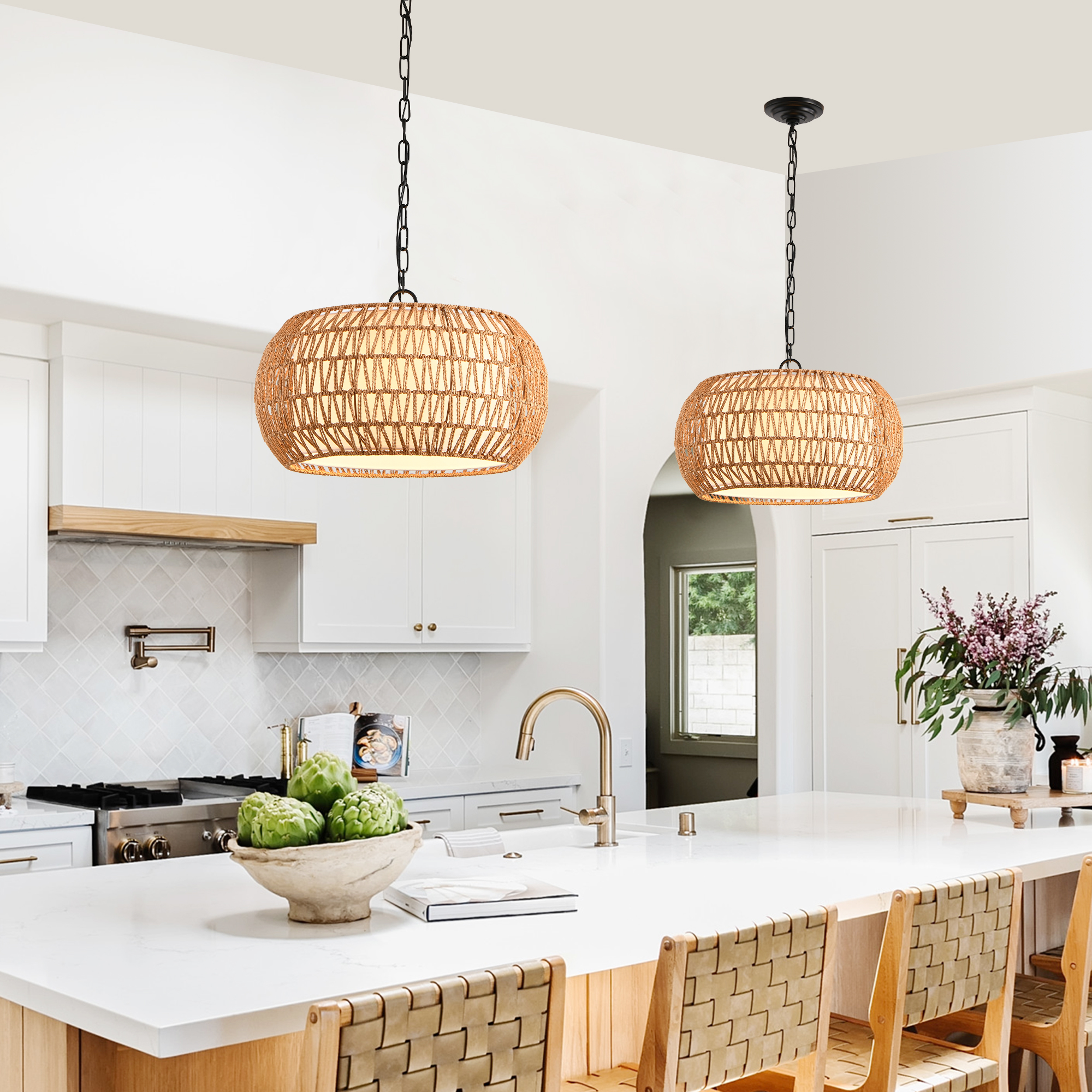 18inch Farmhouse Pendant Light With Adjustable Height, Boho Woven Jute Rope Hanging Ceiling Light Fixture, E26 Base, 60W Max, Compatible With Flat, Vaulted, And Sloped Ceil Bulb Not Included