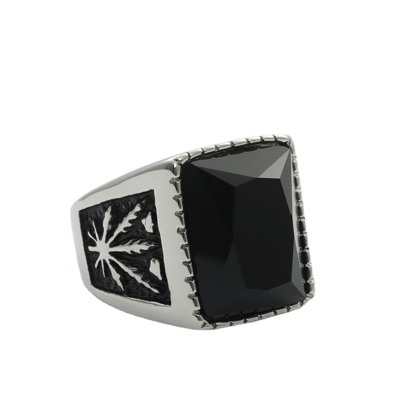 Titanium Steel Leaf Gemstone Retro Stainless Steel Square Ring