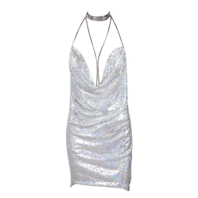 V Short Dress With Deep Backless Sequins Silver - Shop at LoveMi
