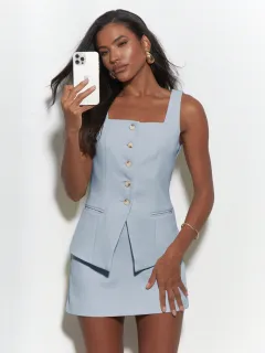 Buttoned Square Neck Sleeveless Vest And Mini Skirt Two Piece Co-Ord Set - Blue - View 1