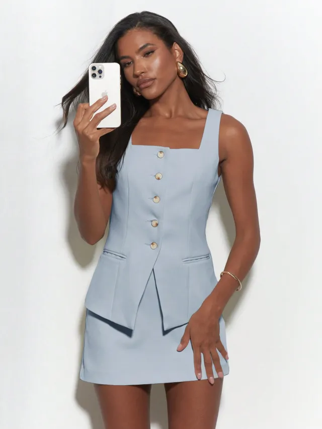 Buttoned Square Neck Sleeveless Vest And Mini Skirt Two Piece Co Ord Set Blue - Shop at LoveMi