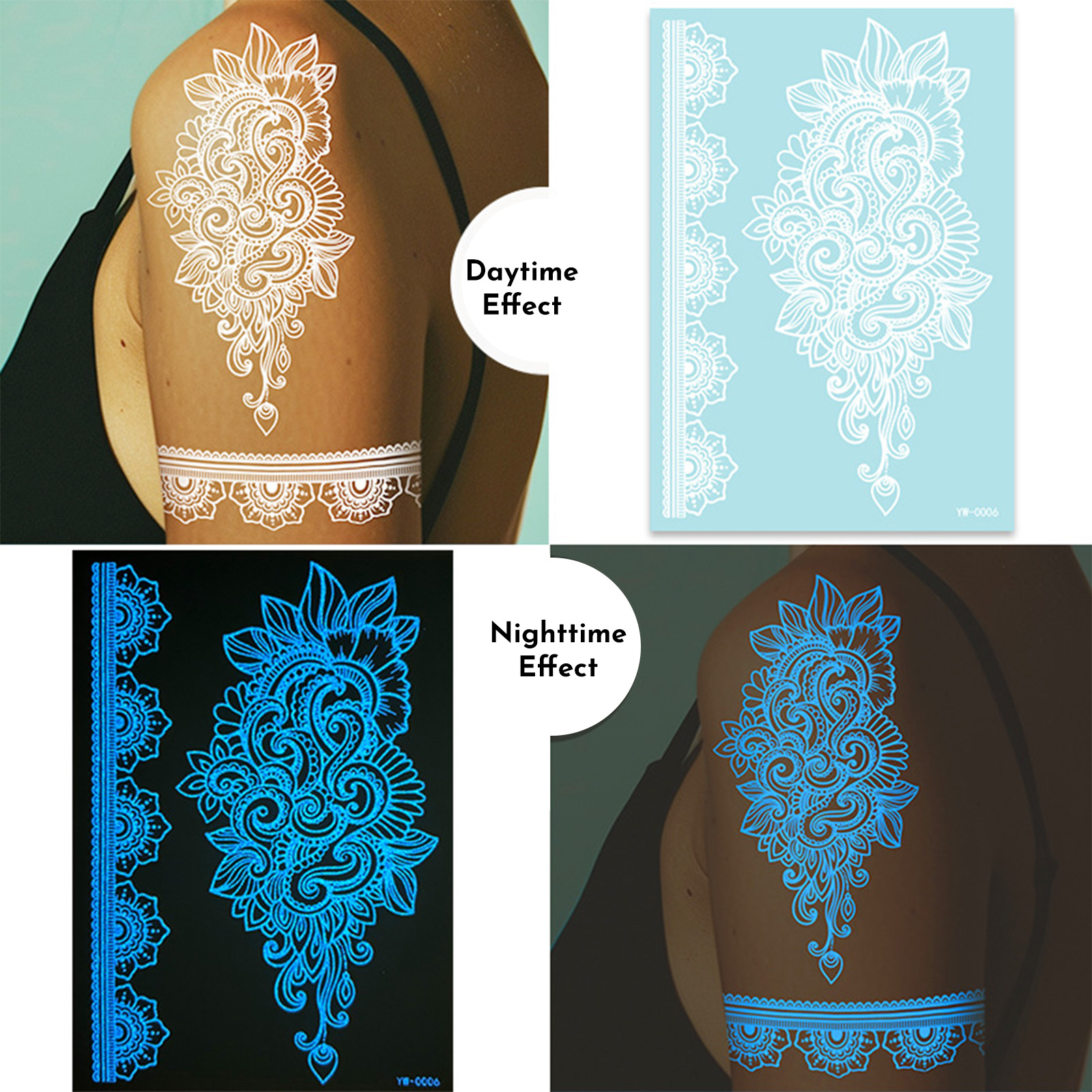 Glow In The Dark Henna Tattoo Stickers  Intricate Lace Hand & Arm Designs For Halloween Christmas Parties  Light Up Your Party