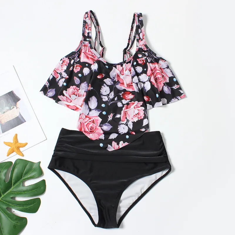 Split Swimsuit Women Printed High-Waist Bikini Ruffled - Pink