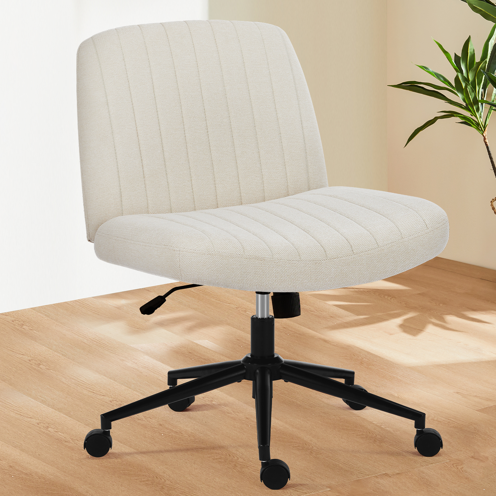 Office Desk Vanity Chair Cross Legged Armless Swivel Fabric Height Adjustable Wide Seat With Replaceable Wheels-Fixed Base, Comfy Task Chair Padded_voghion.com