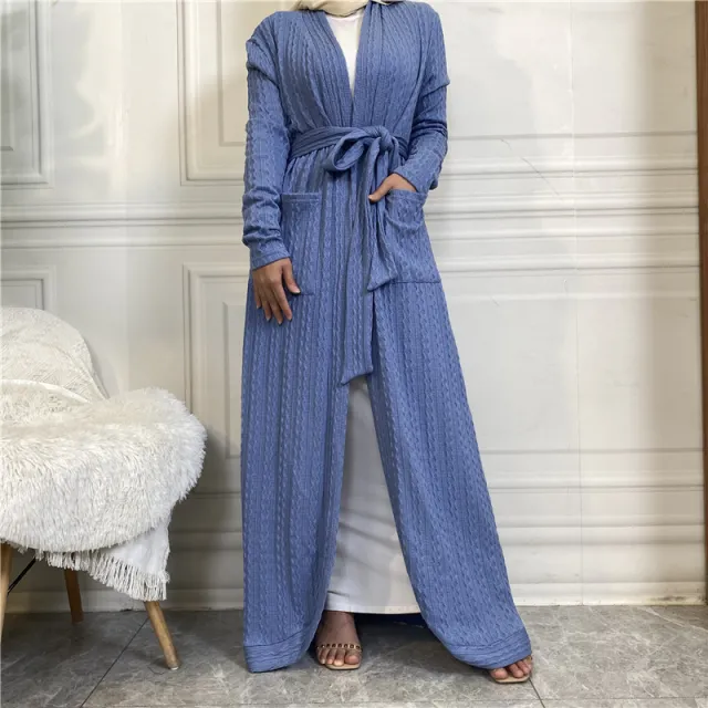 Round Edge Cardigan Sweater Muslim Long Jacket Blue - Shop at LoveMi