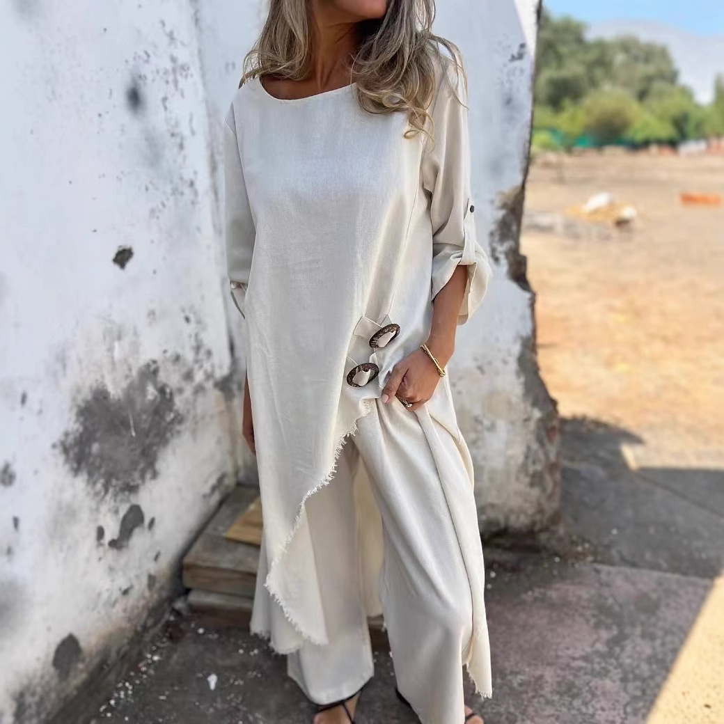 Loose Irregular Long Suit With Metal Button Design Round Neck Long sleeved Top And Straight Trousers Fashion Wide leg Pants Women's Clothing White - Shop at LoveMi