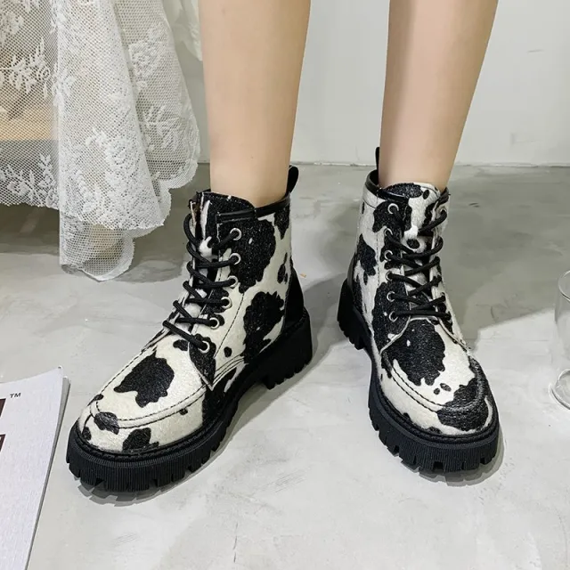 Women's Fashion Round Toe Lace up Square Heel Platform Martin Boots Cow Color Orders 35 - Shop at LoveMi
