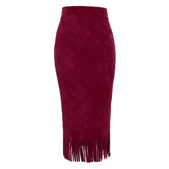 Women's A Line Fringe Hem Skirt Solid Color Versatile Midi Skirt For Casual & Party Wear Dark Red - Shop at LoveMi