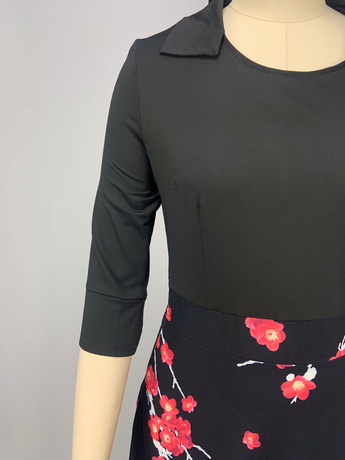 Contrasting Color Square Collar Mid-sleeve A-line Print Dress