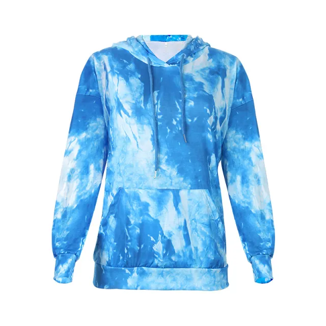 Long Sleeved Plus Size Tie Dye Printed Hooded Sweatshirt Blue Tie Dye - Shop at LoveMi