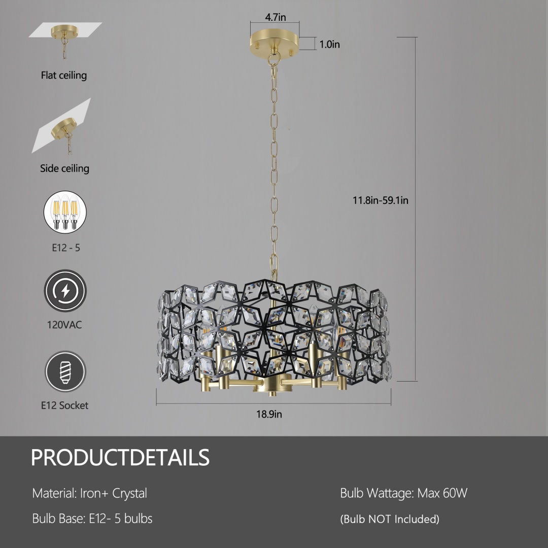 19 Geometric Crystal And BlackGold Round Pendant Chandelier - Modern 5-Light Fixture For Dining Room, Living Room, Or Kitchen Bulb Not Included_voghion.com