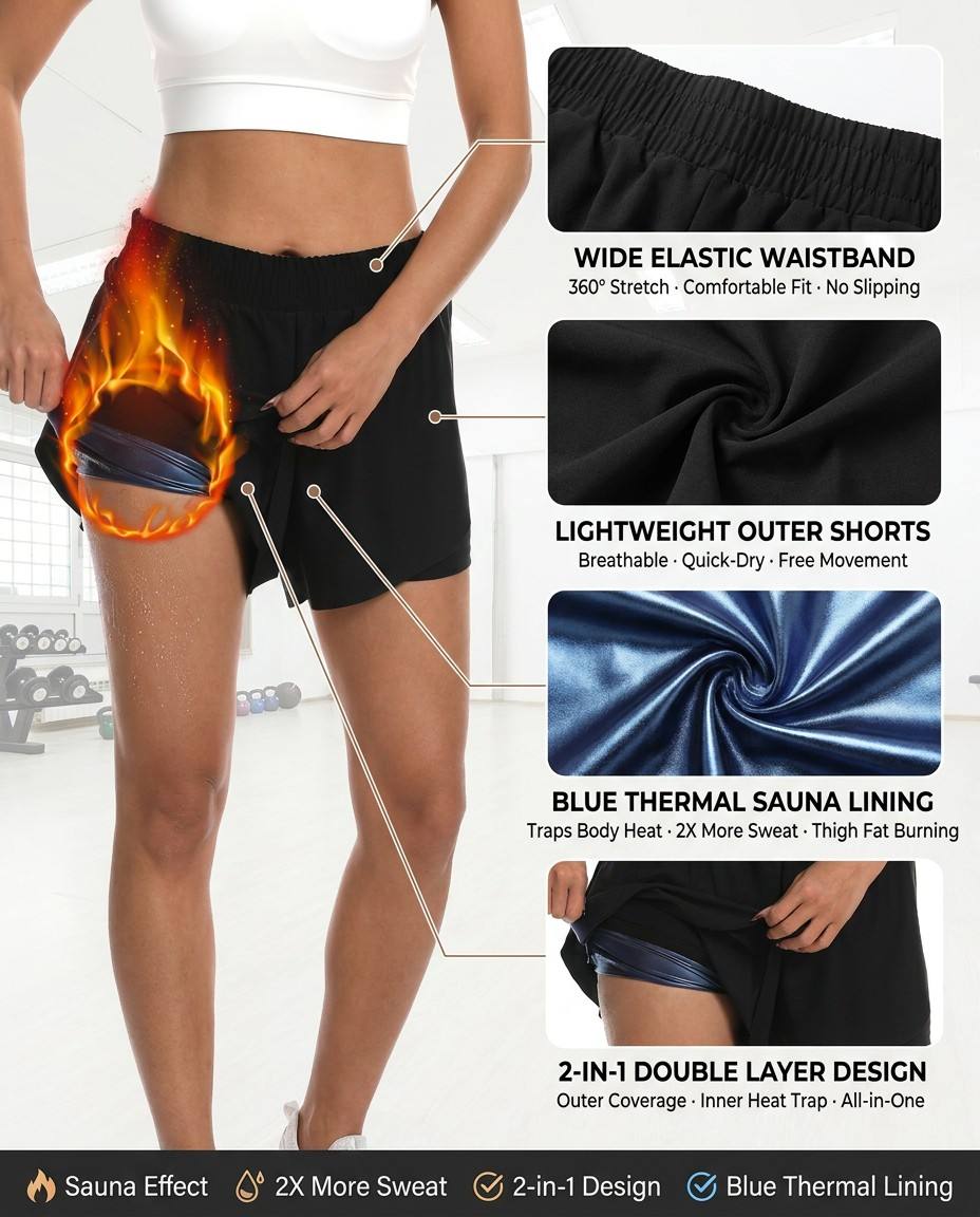 Women's Heat Trapping 2-in-1 Double Layer Sauna Shorts Running Shorts Athletic Workout Gym Sauna Shorts 6