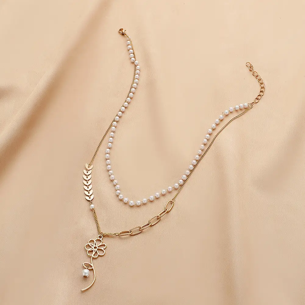 Double-layer Wheat Ear Flower Pendant Personalized Simple Pearl Necklace