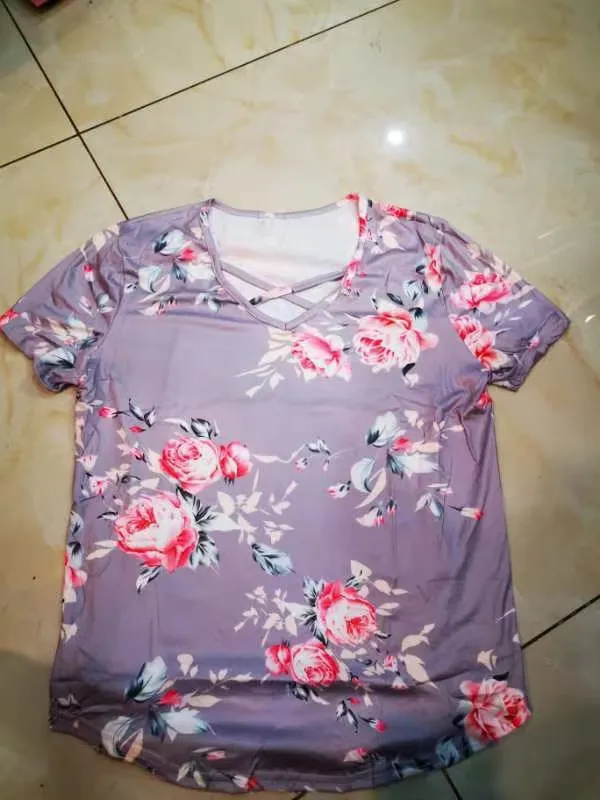 Flower Print Cross Front Short Back Long T shirt Light Gray - Shop at LoveMi