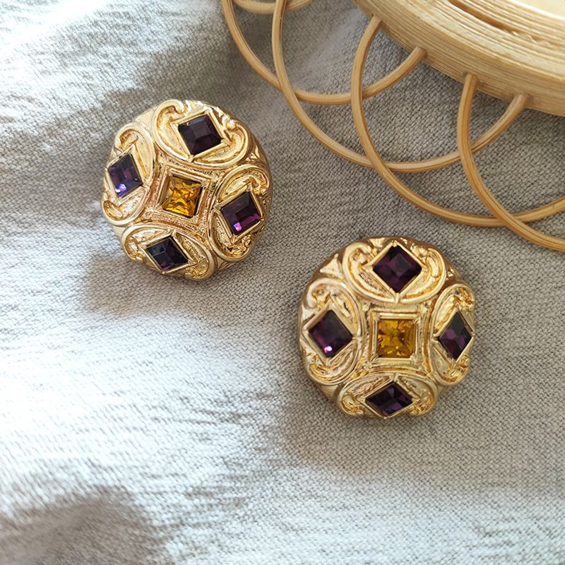 Chinese Vintage Baroque Style Purple Glass Round Stud Earrings, Sparkling Rhinestone Elegant Versatile Women Ear Jewelry