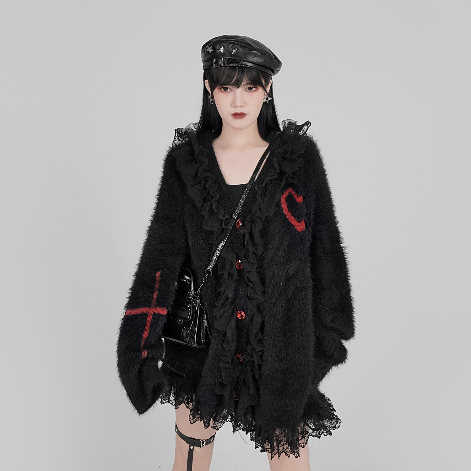 Red With Cross Love Lace Decorative Sweater Coat