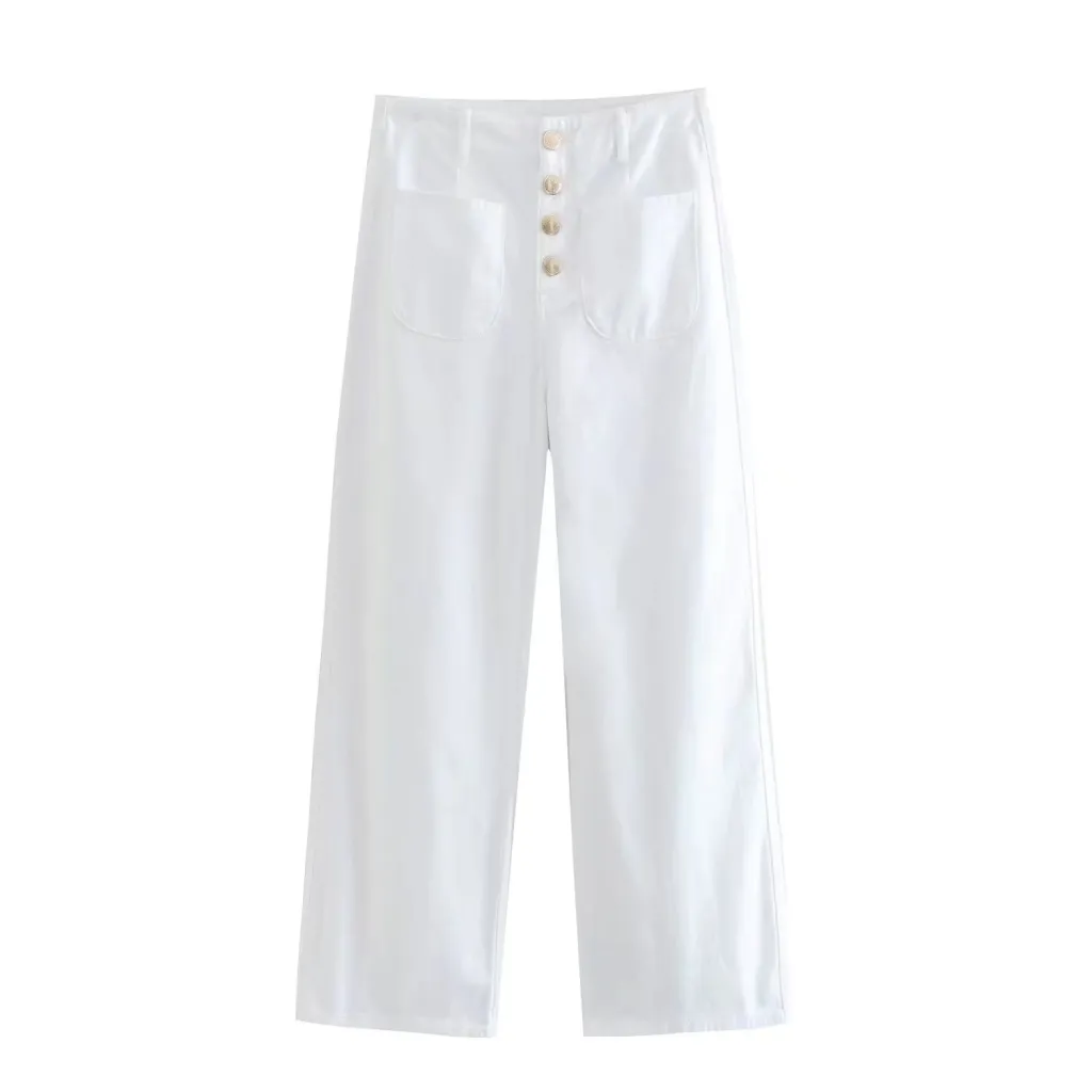 European Style High-waisted Baggy Wide-leg Capri Jeans - White