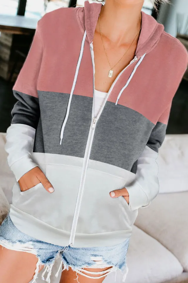 Long Sleeve Color Contrast Hoodie Women's Zipper Pocket Cardigan Jacket Pink - Shop at LoveMi