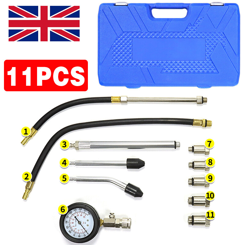 11PCS Petrol Engine Compression Tester Kit Fuel Cylinder Pressure Gauge Tool Set 9