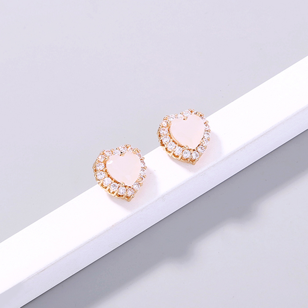 Japan and South Korea small fresh earrings micro-inlaid golden simple zircon milk flower stone love heart-shaped small daily earrings