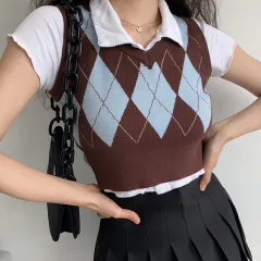 Simple Slim Polo Collar Knitted T-shirt Women - Brown Vest - View 1