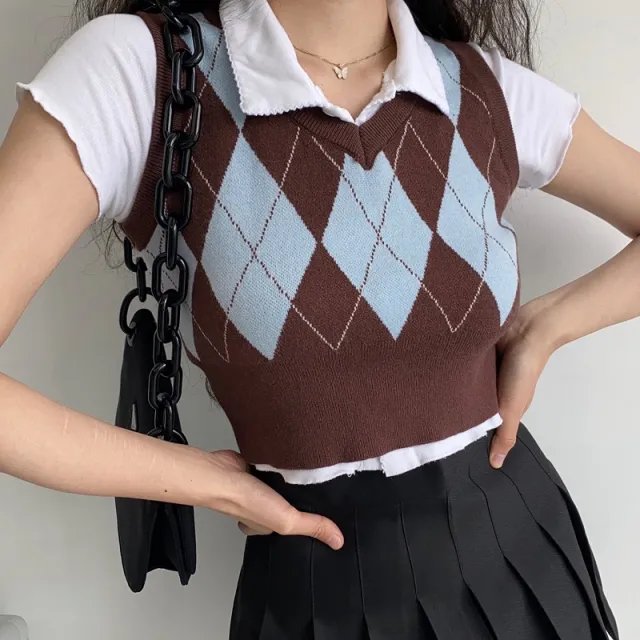 Simple Slim Polo Collar Knitted T shirt Women Brown Vest - Shop at LoveMi