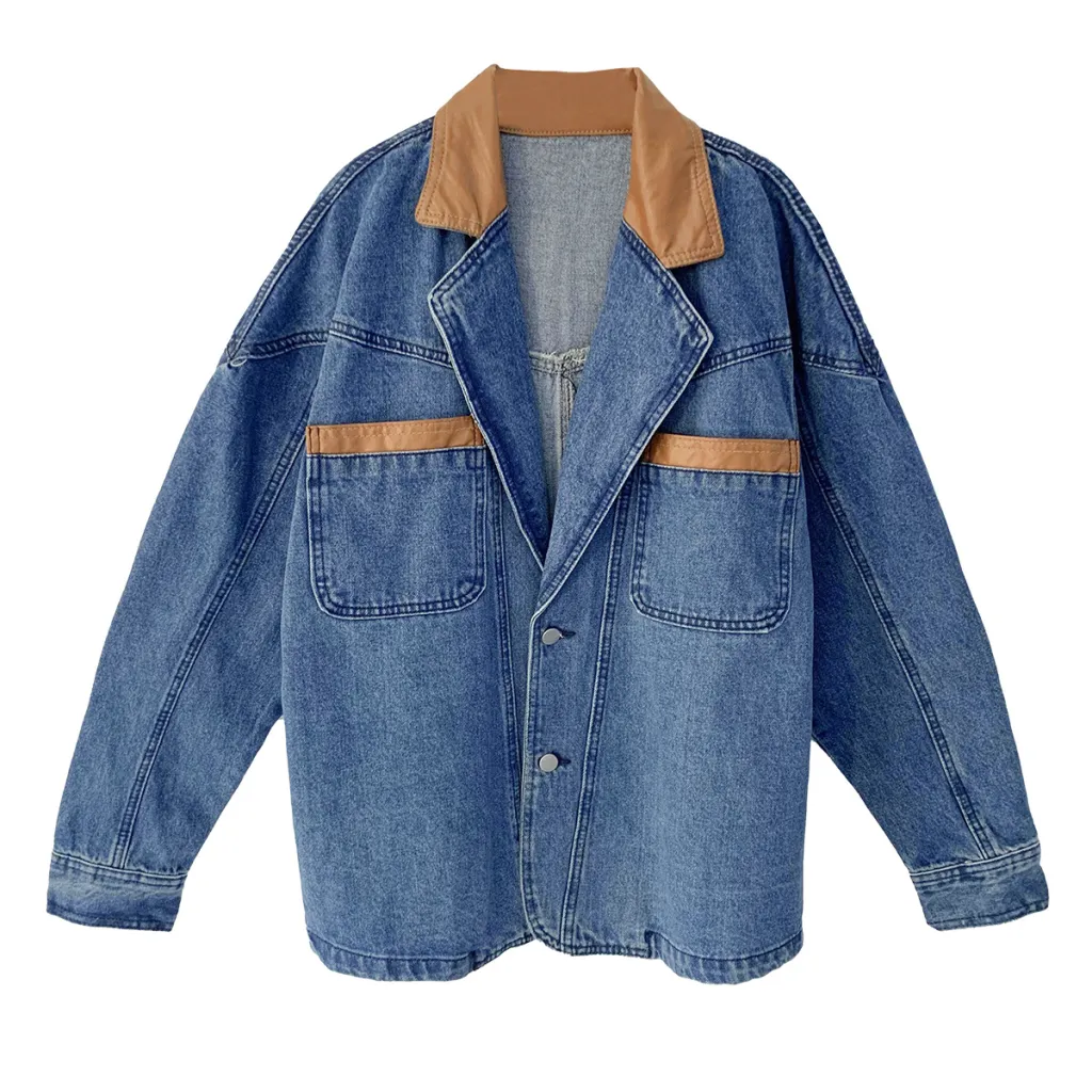 Jacket Women Loose PU Leather Stitching Denim Jacket Women - Blue