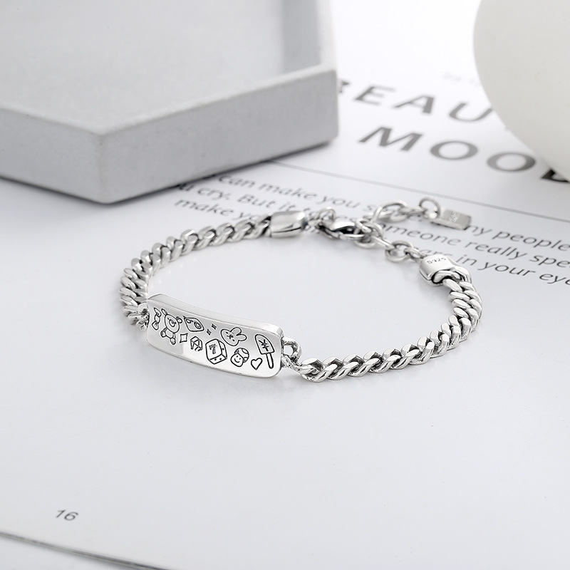 S925 Sterling Silver Graffiti Pattern Rabbit Bear Bracelet