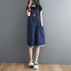 Women's Thin Fashion Casual Denim Overalls Shorts - Navy - View 1