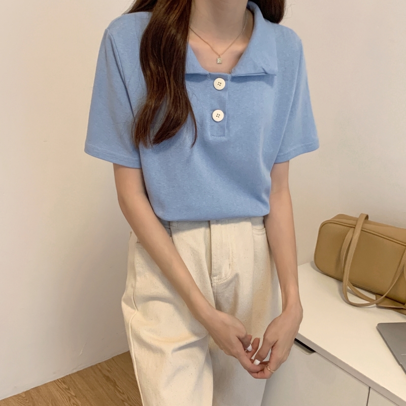 Korean retro Hong Kong style student age reduction solid color versatile short sleeve polo shirt minority T-shirt girl