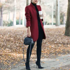 New European And American Fashion Solid Colour Stand Collar Woolen Coat - Wine - View 1