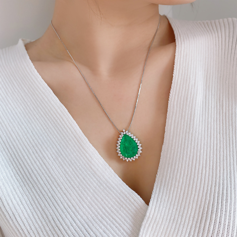 Light Luxury Water Drop Pendant Necklace For Women, Paraiba Tone Simulated Zirconia Clavicle Chain Full Pave Rhinestone Thin Chain Fashion Neck Jewelry — view 6