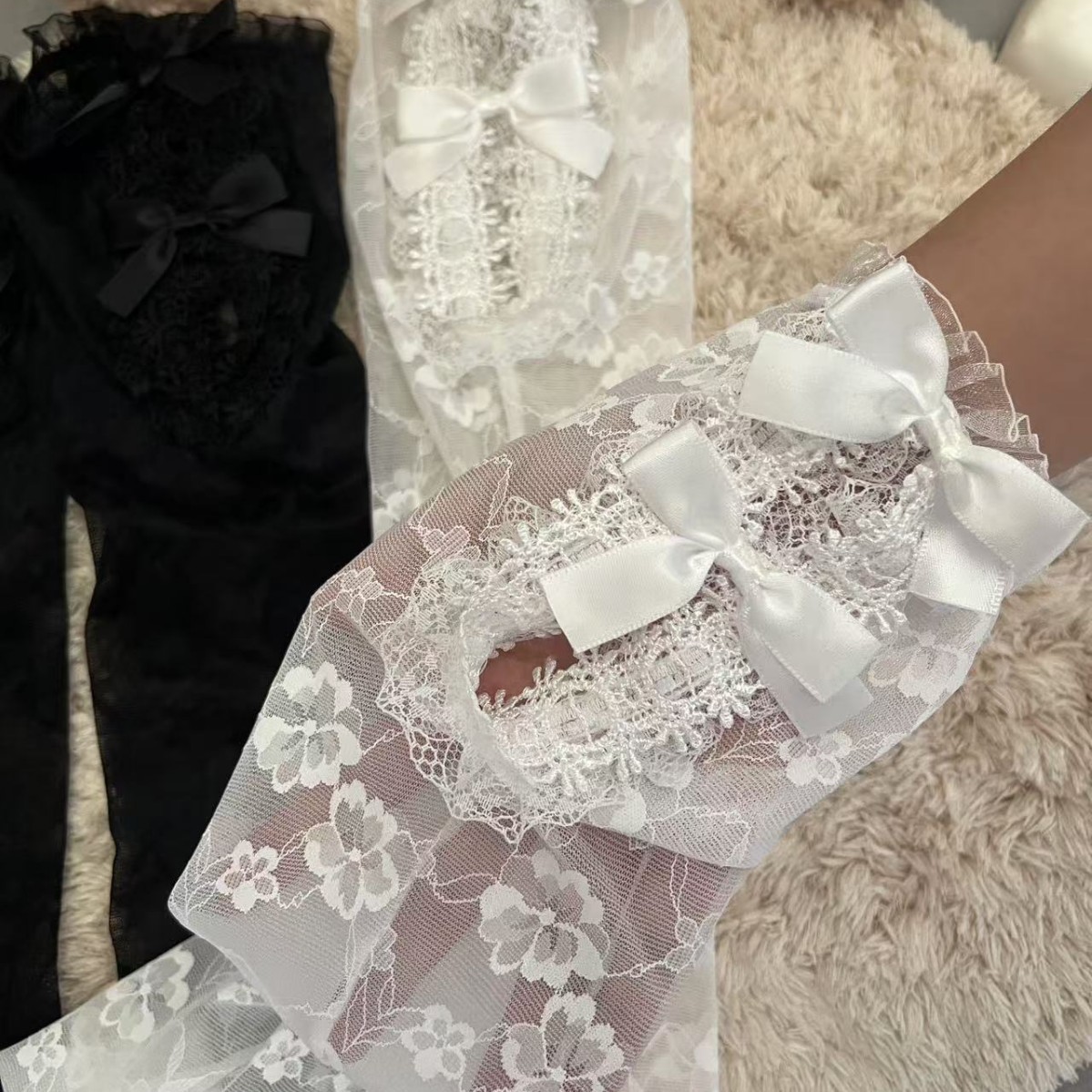 Coquette Sheer Lace Calf Socks, White Floral Mesh Socks With Double Bows, Cute Hollow Out Mid-Calf Socks For Lolita & Balletcore Style