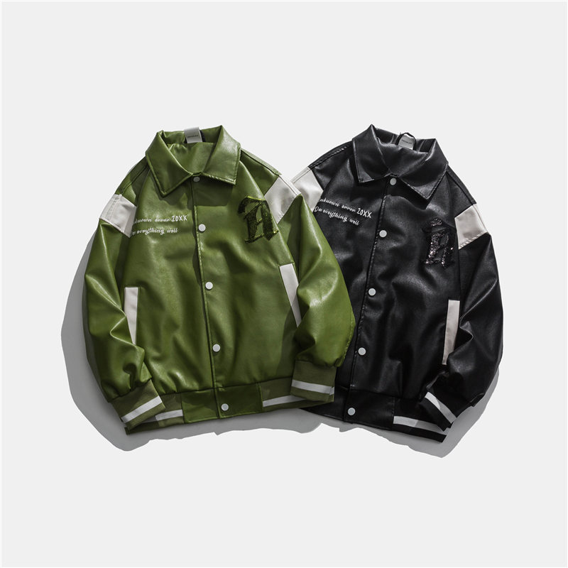 Street Literary Style Contrast Color Stitching Loose Youth Leather Jacket