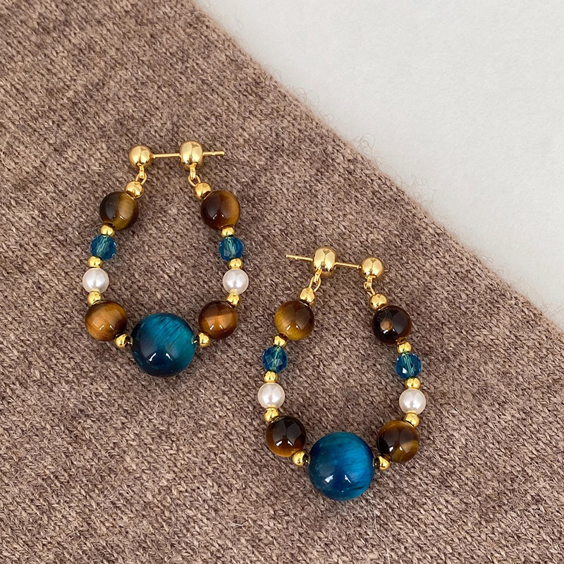 Teardrop Pearl Earrings For Women Silver Needle Tiger's Eye Crystal Beaded Vintage Niche