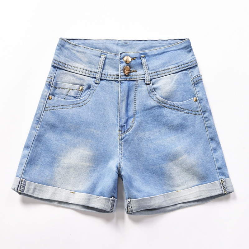 Women's Hem Denim Shorts With Double Buttons And Two Colors Light Blue - Shop at LoveMi