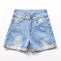Women's Hem Denim Shorts With Double Buttons And Two Colours - Light Blue - View 1