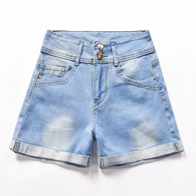 Women's Hem Denim Shorts With Double Buttons And Two Colors Light Blue - Shop at LoveMi