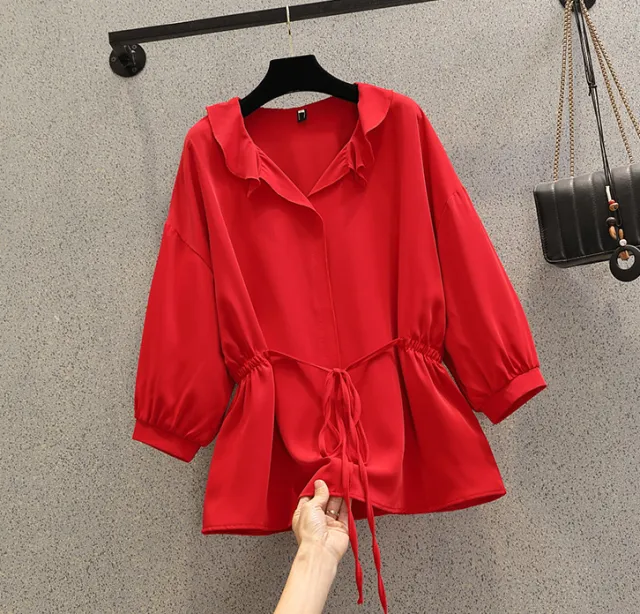 Fashionable Personality Waist Tie Thin Shirt Top Red - Shop at LoveMi