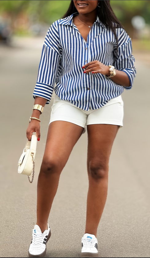 Vertical Striped Loose Shirt & Casual Shorts Two-Piece Set