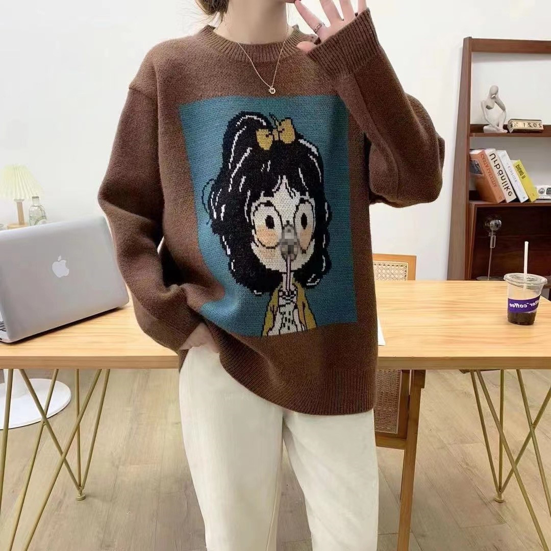 Cartoon Sweater Women's Round Neck Pullover Long Sleeve Thick Knit Top