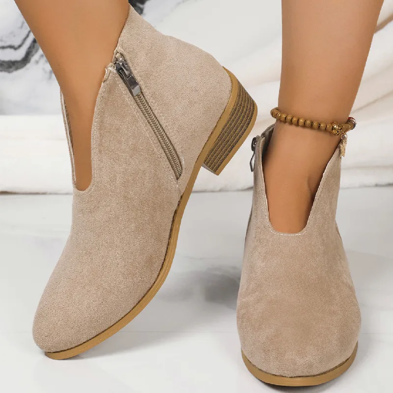 Fashion V-cut Ankle Boots With Side Zipper Round Toe Square Heel Suede Boot For Women Shoes Winter - Beige