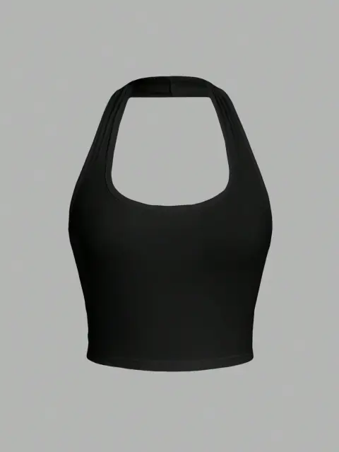 Solid Color Cropped Halter Neck Slim Fit Tank Top
