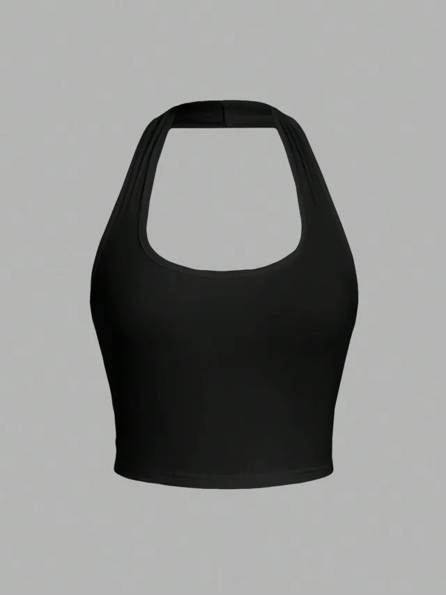 Solid Color Cropped Halter Neck Slim Fit Tank Top For Women Black - Shop at LoveMi