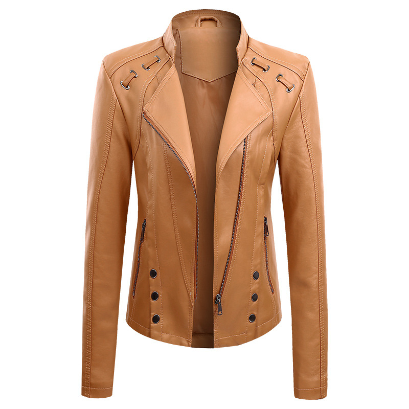 New Spring And Autumn New Leather PU Leather Jacket Women's Short Khaki - Shop at LoveMi