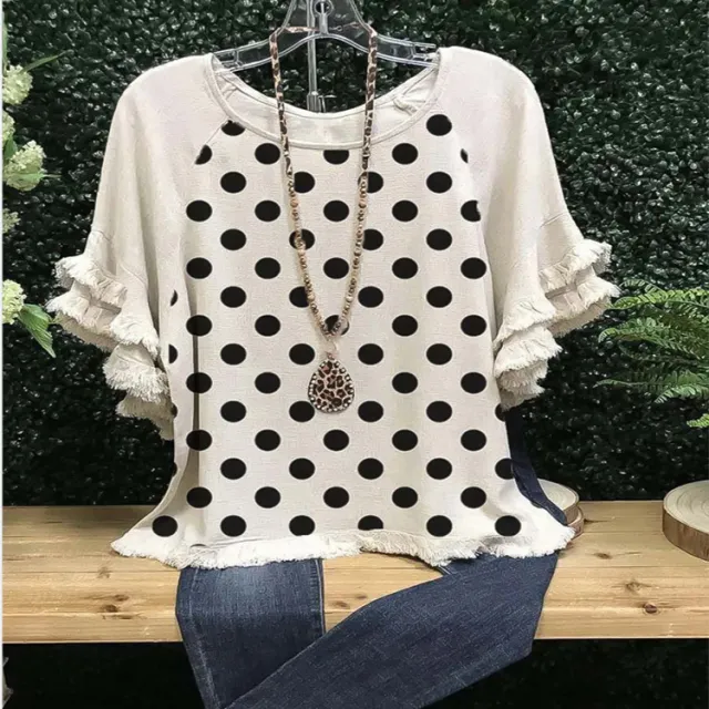 New Lace Ruffle Sleeves Crew Neck Print Colorblock Women's Loose T Shirt Polka Dots 2Xl - Shop at LoveMi