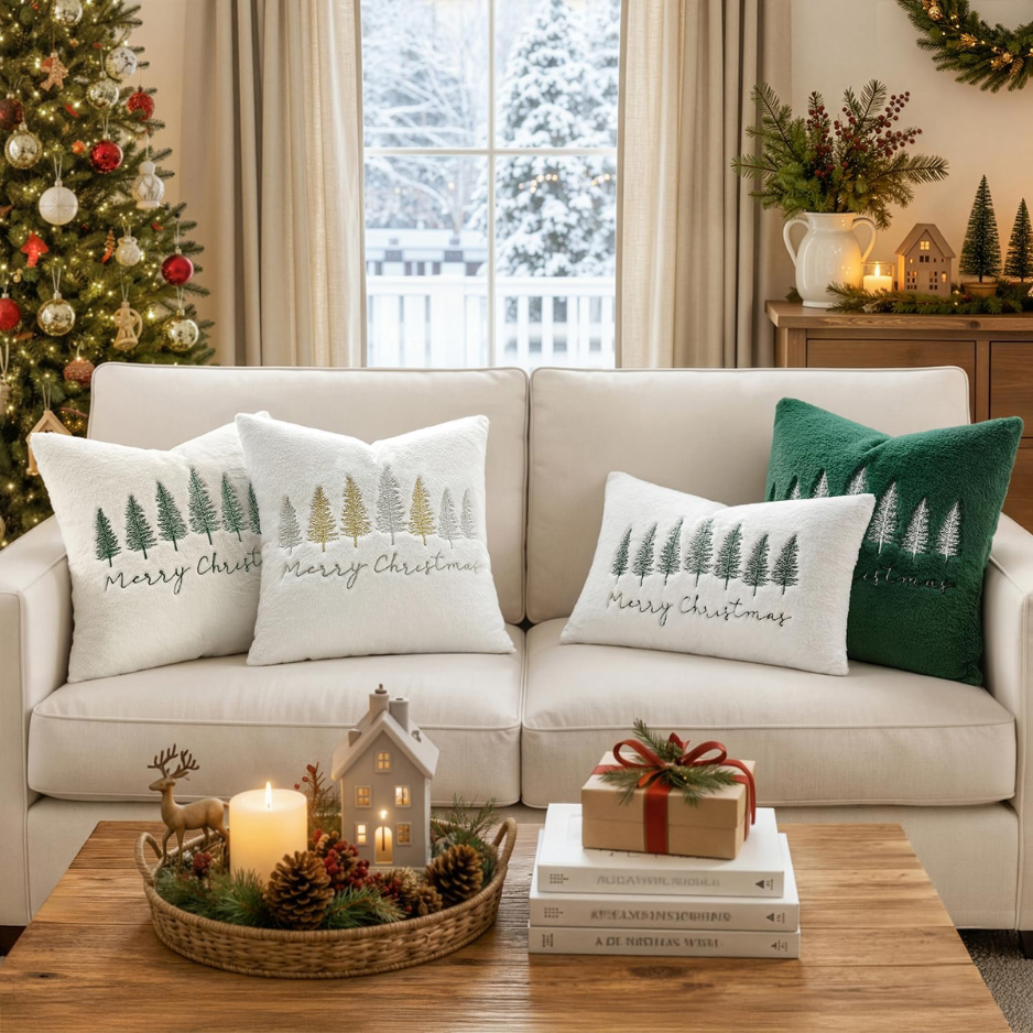 Christmas Pillow Cover 12x20 Set Of 1 White And Green Tree Lumbar 3