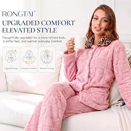 RONGTAI Leopard Button Down Pajama Set Long Sleeve Plush Fleece PJs — image 9