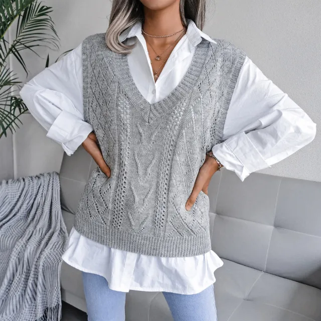 European And American Hollowed Out Twist V neck Knitted Vest Sweater Grey - Shop at LoveMi